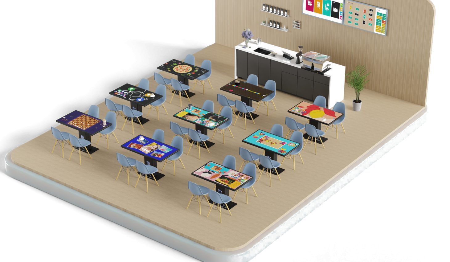 Breakout space with smart tables showing branded content